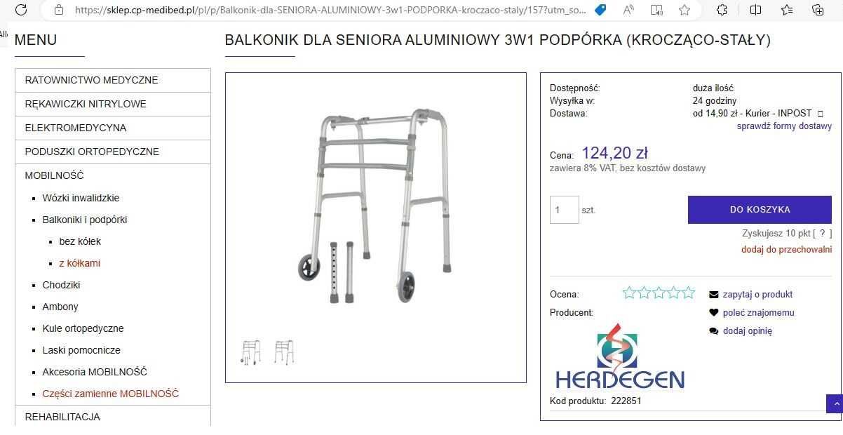 Chodzik-Balkonik aluminiowy składany HERDEGEN dla seniora nieużywany