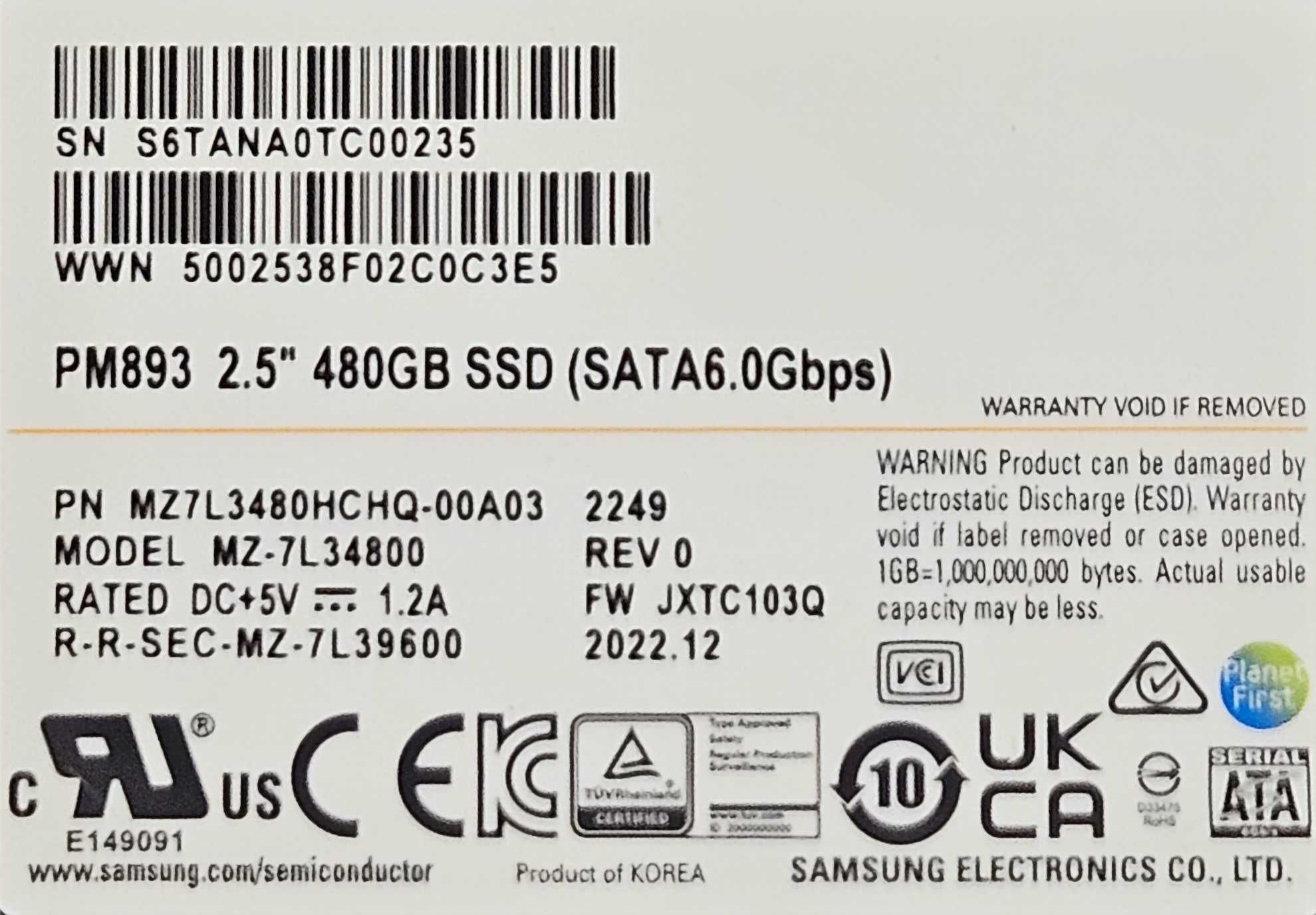 Samsung SSD PM893 480GB (MZ7L3480HCHQ)