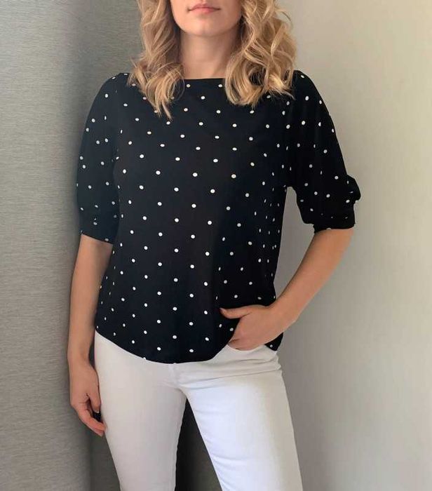 H&M czarna bluzka z krótkim rękawem w kropki groszki bufki basic M L