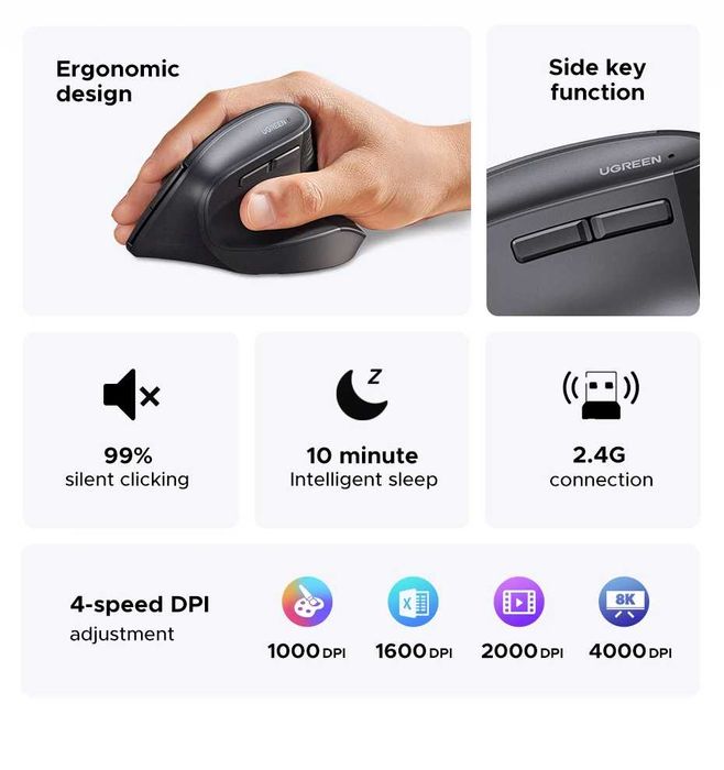 UGREEN Vertical Wireless Mouse M571 2.4G - безшумна вертикальна мишка