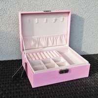 Elegancka szkatułka organizer na biżuterię ekoskóra różowy prezent NEW