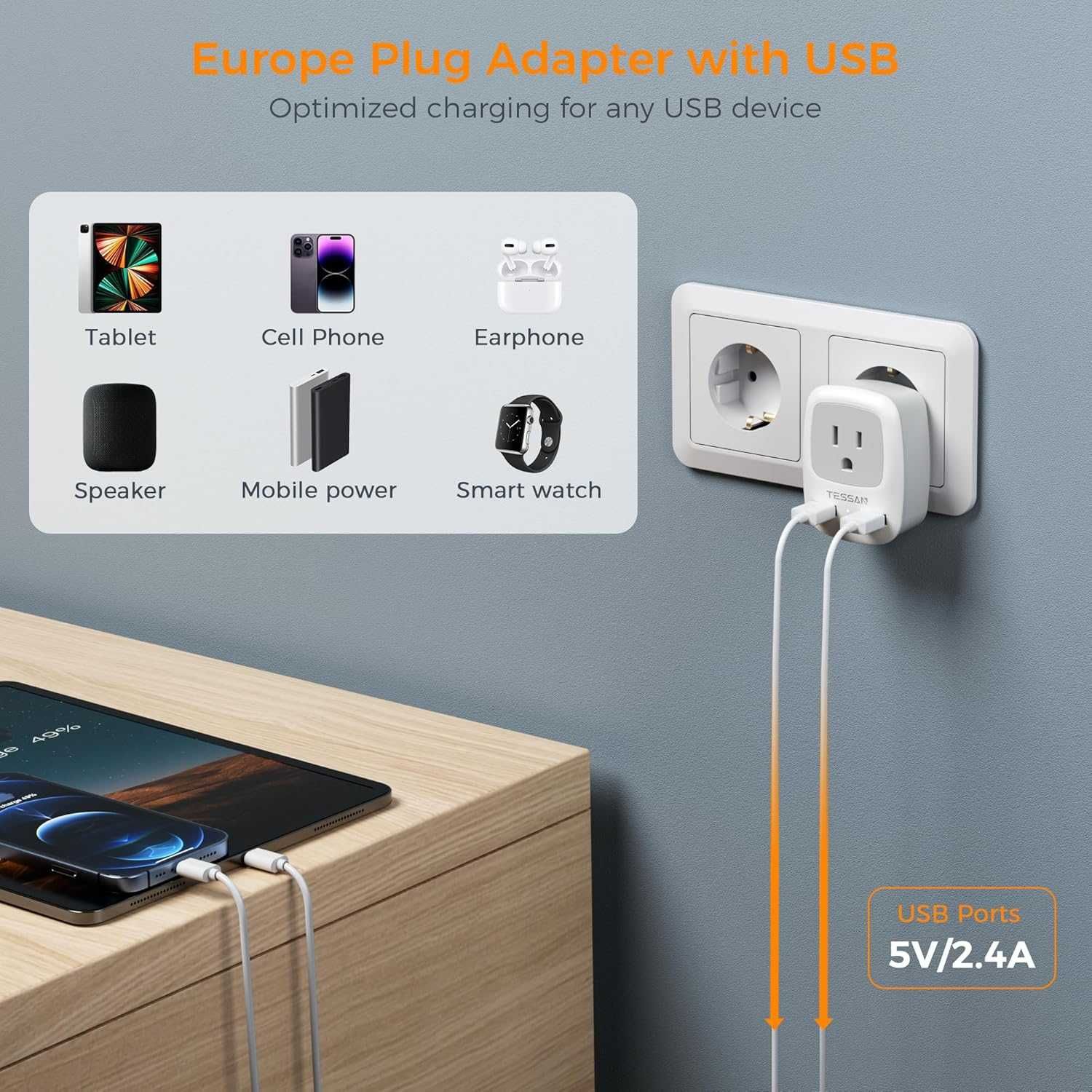 Podróżny adapter z 2 portami USB i gniazdkiem typu C TS-AP2U-EU TESSAN
