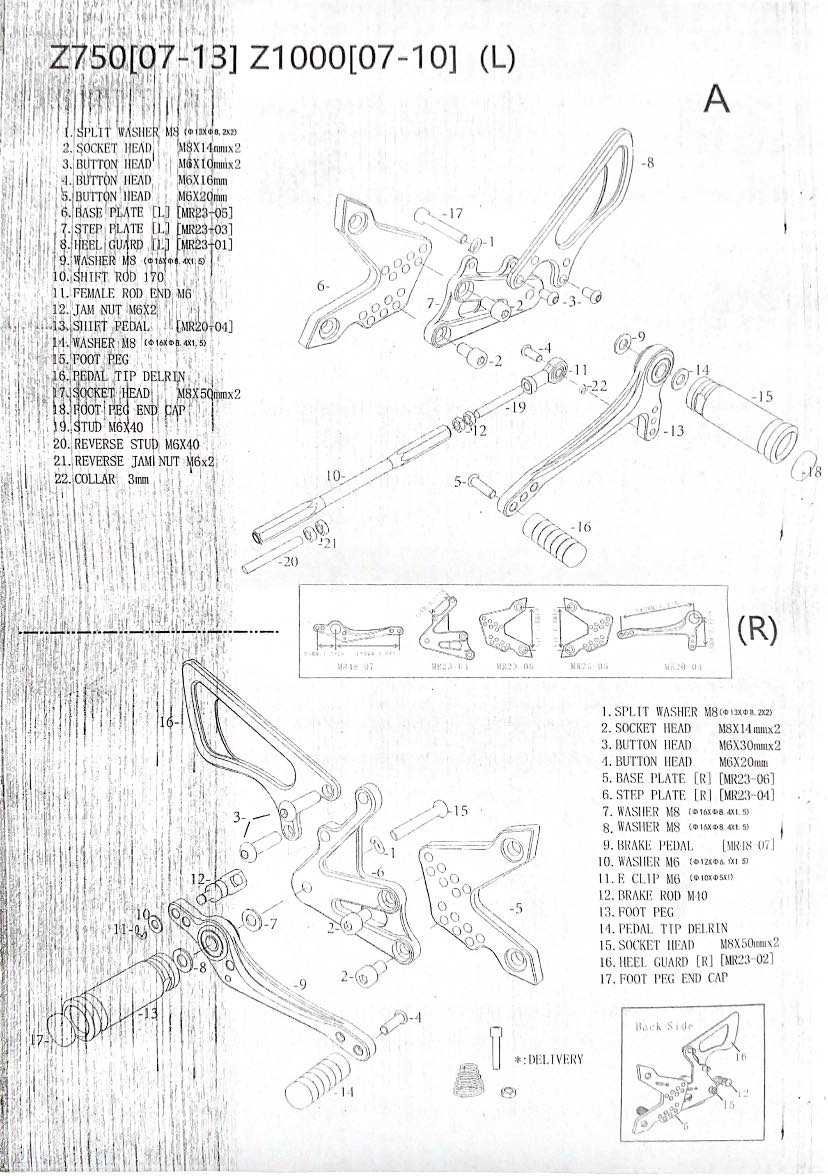 SETY PODNÓŻEK PRAWY / LEWY KAWASAKI Z750 (07-13) Z1000 (07-10) Tuning