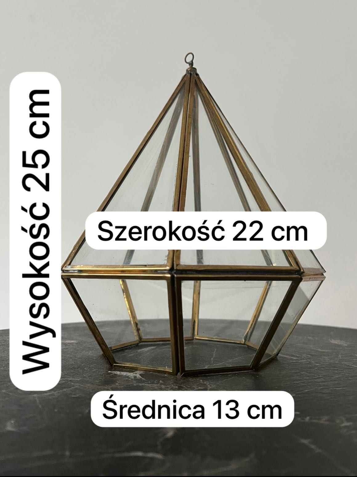 Piramida diament styl terrarium mosiądz/szkło