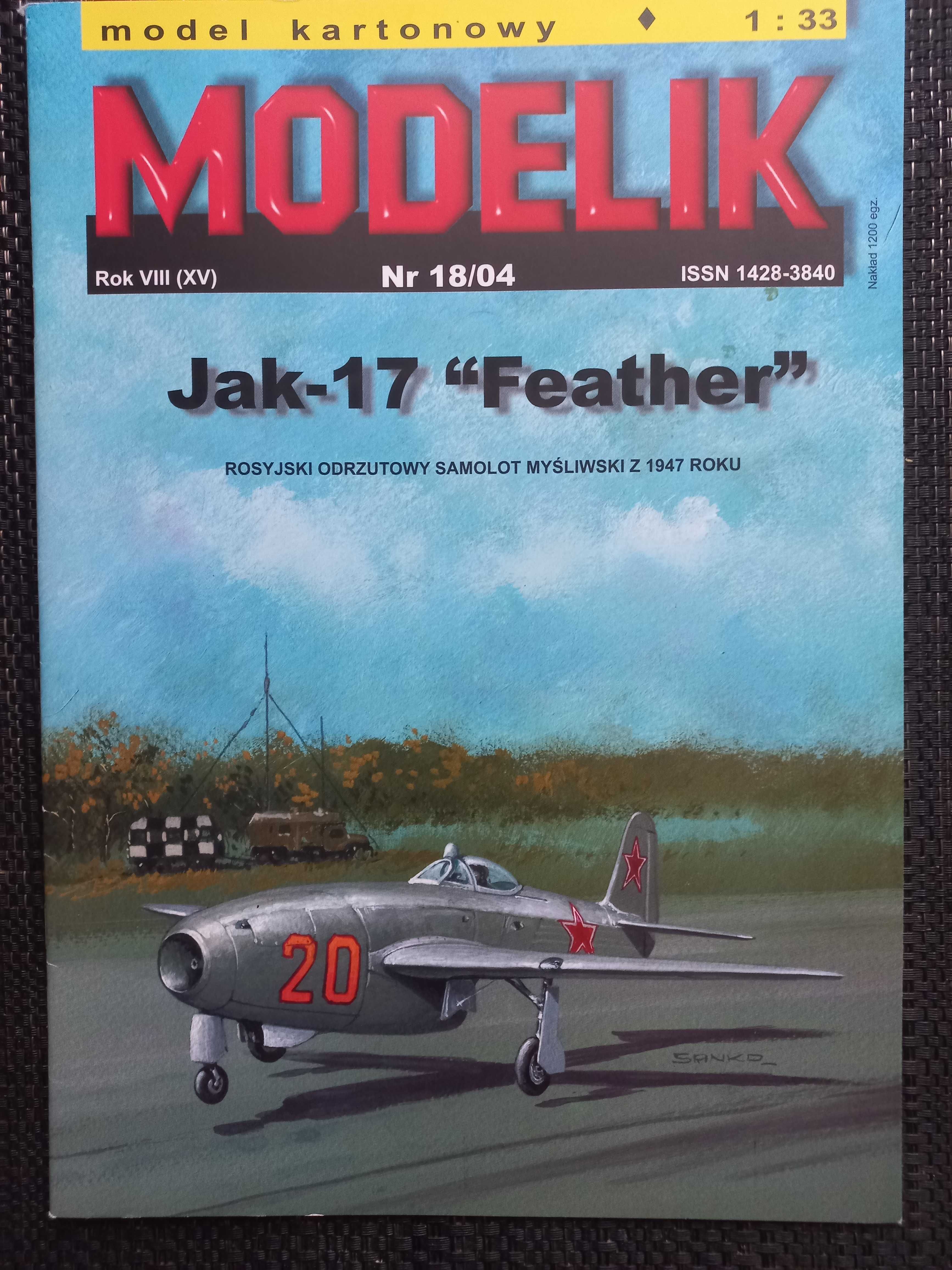 Model Kartonowy Modelik 18/2004 Myśliwiec JAK-17 FEATHER + LASERY