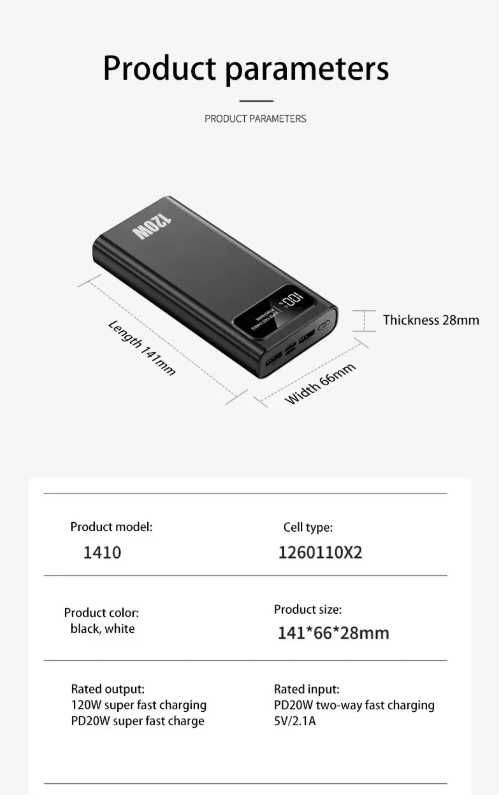 Power Bank 200000 mAh 120W  Super Szybkie Ład z Wświetlaczem LED