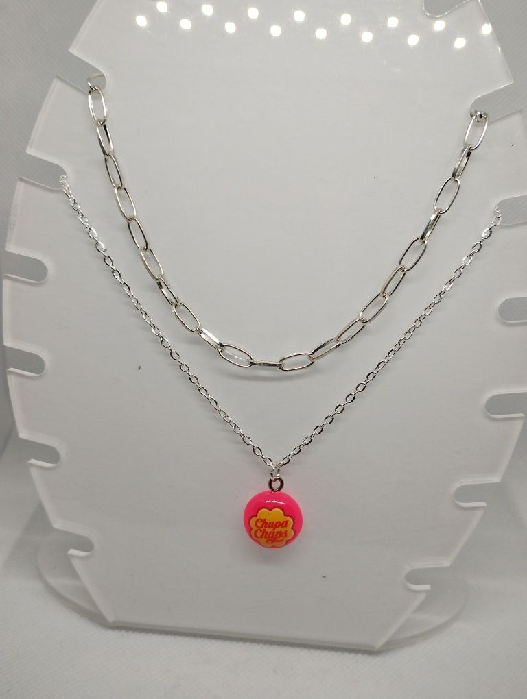 Różowy podwójny łańcuszek srebrny z zawieszką chupa chups