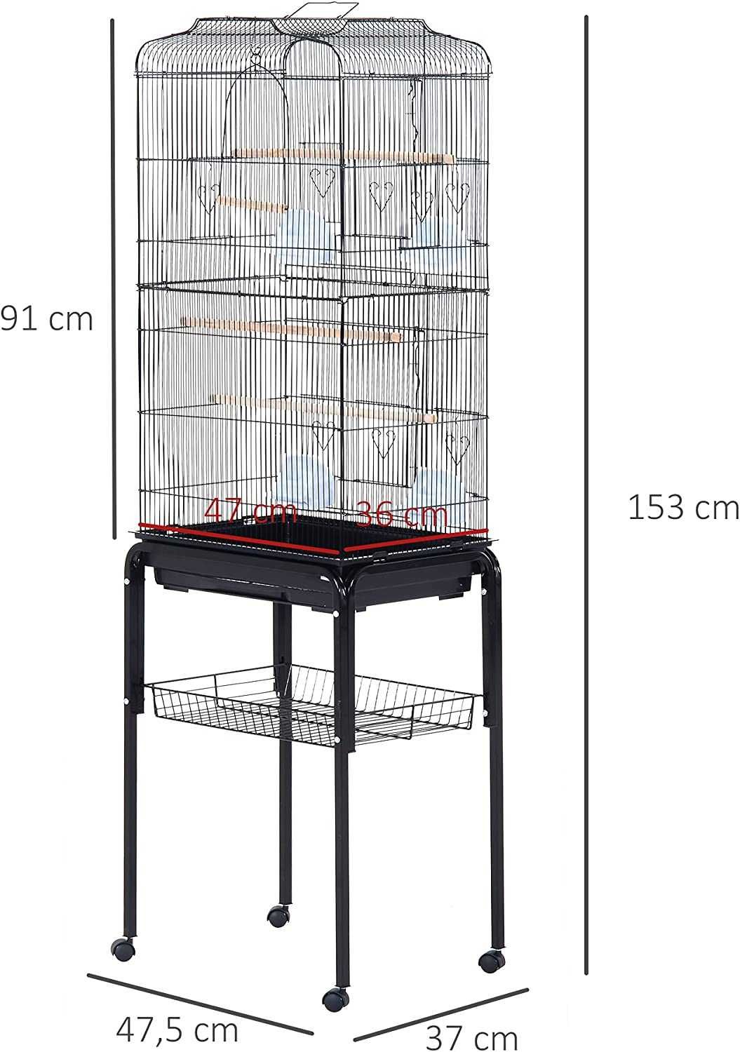 Gaiola para pássaros com rodas - 46,5 x 36 x 157 cm - nova