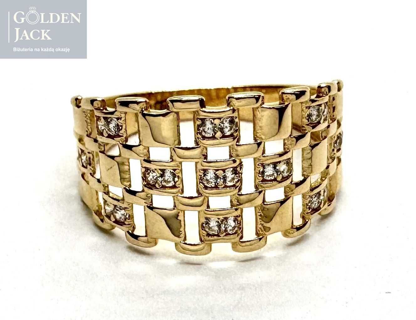 Złoty pierścionek szachownica z cyrkoniami złoto pr. 585 2,29g roz. 16