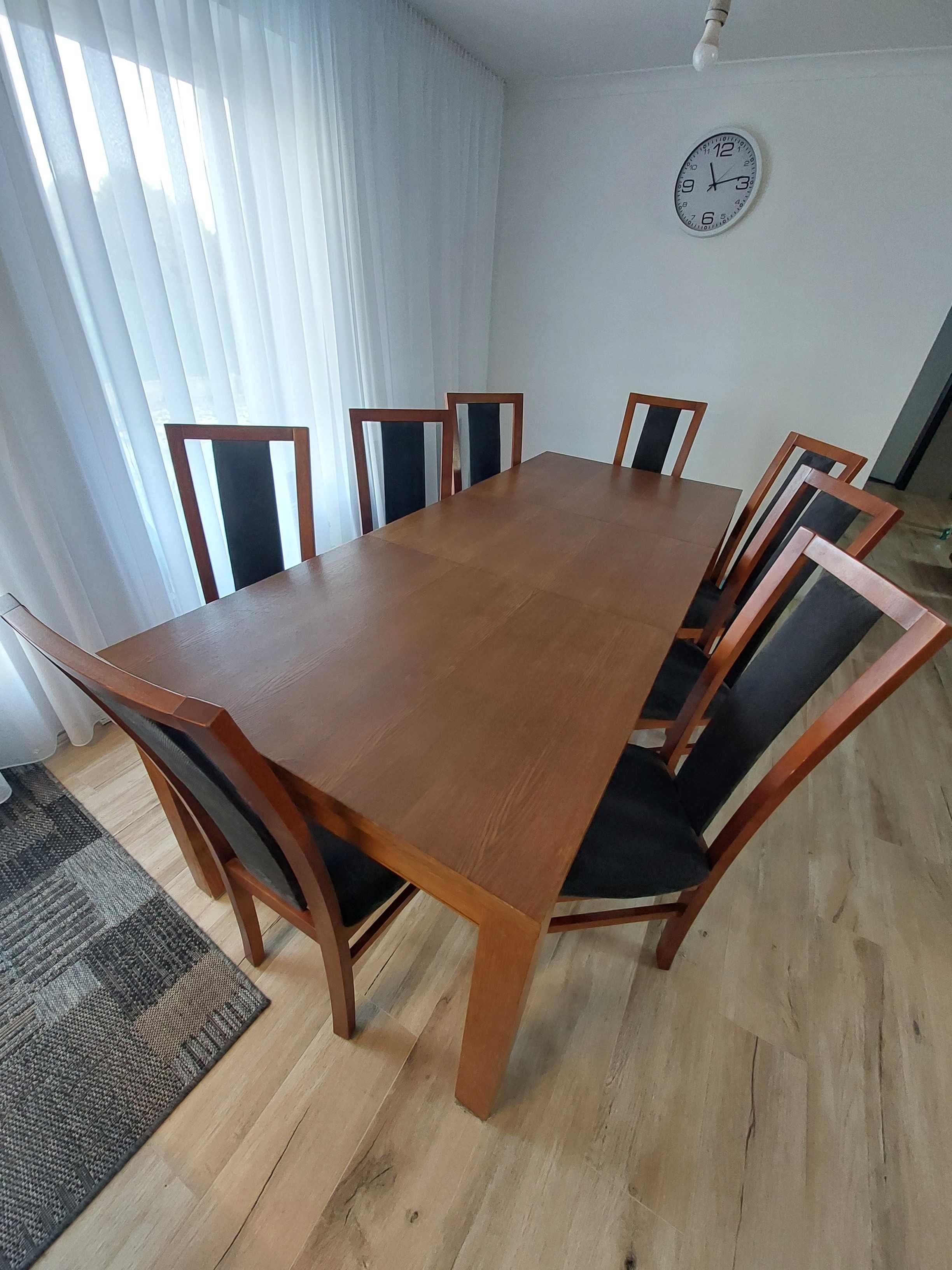 Stół i krzesła 8 do jadalni drewniane tik rude grafitowe tapicerowane
