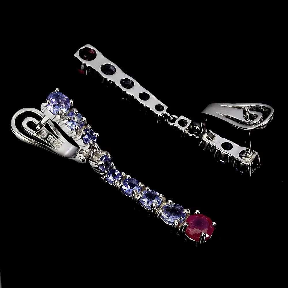 Серьги из серебра 925 пробы с круглым рубином 4,5 мм и танзанит