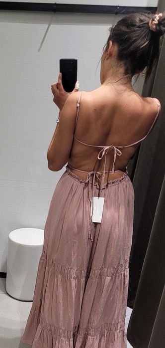 Długa zwiewna sukienka Zara różowa XL 42 odkryte plecy bawełniana