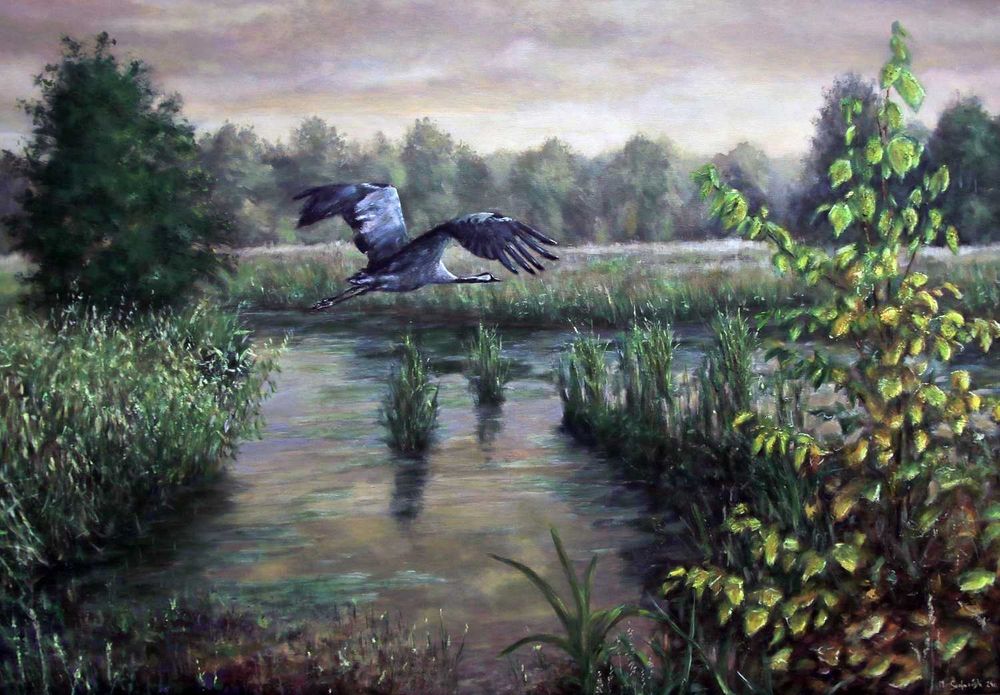 Duży obraz ręcznie malowany, ptaki "Żuraw nad rozlewiskiem" 100x70 cm