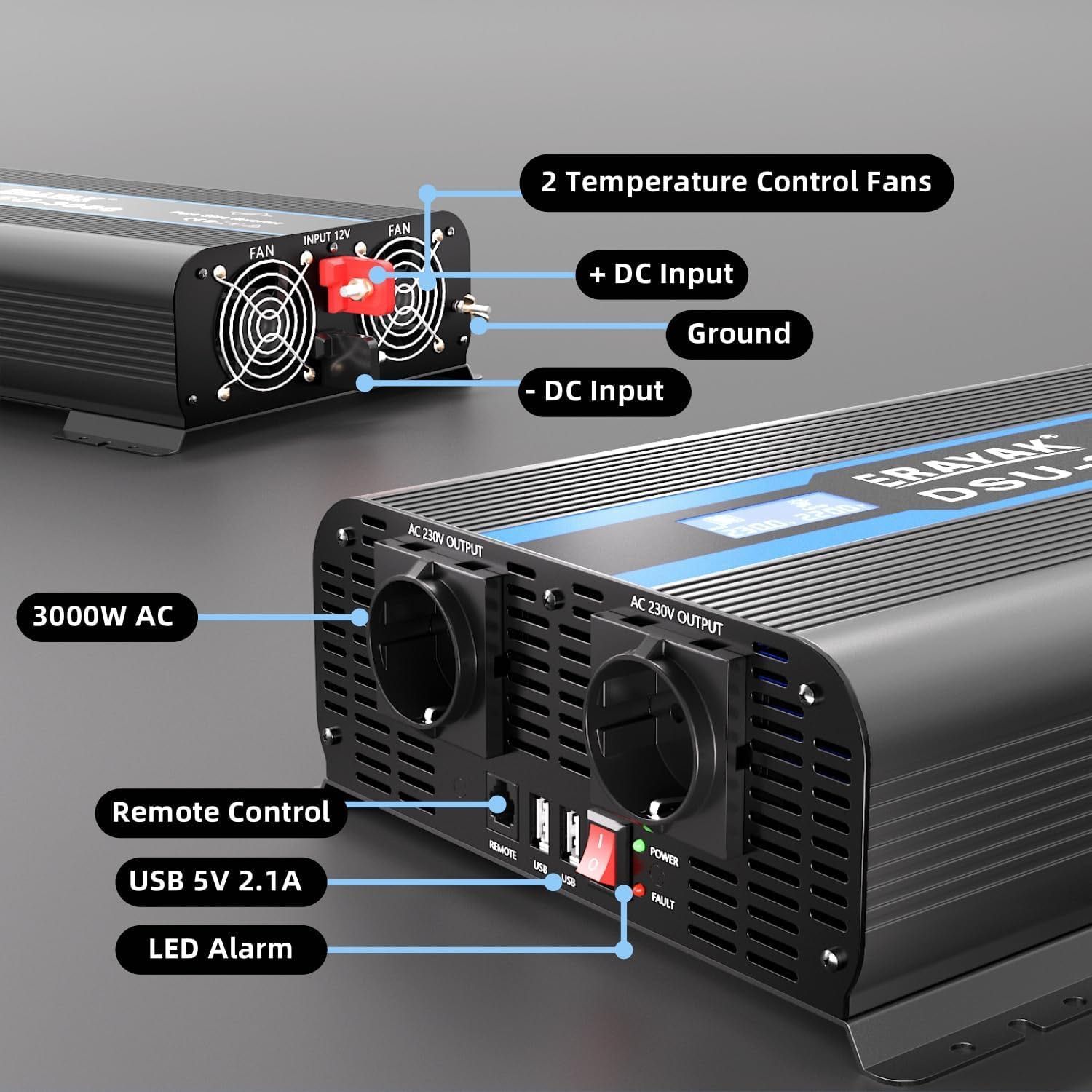 Inversor de Onda Pura 12V/230V 1500W/3000W com Controlo Remoto