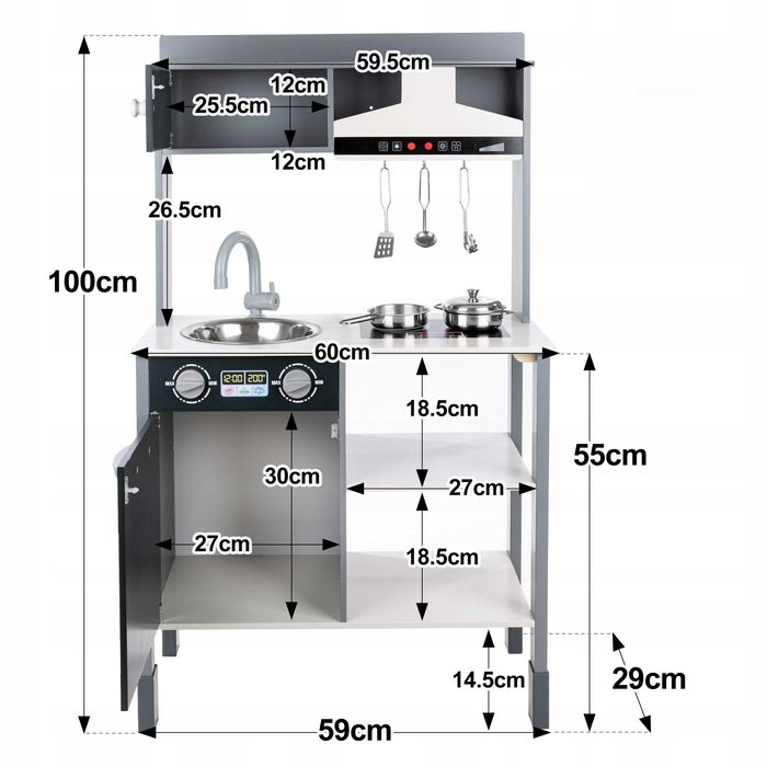 Drewniana kuchnia dla dzieci interaktywny okap akcesoria 100cm