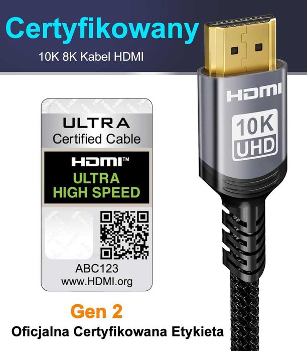 Sniokco 10K 8K Kabel HDMI 2.1 48Gbps 1M Certyfikowany Ultra Wysokiej