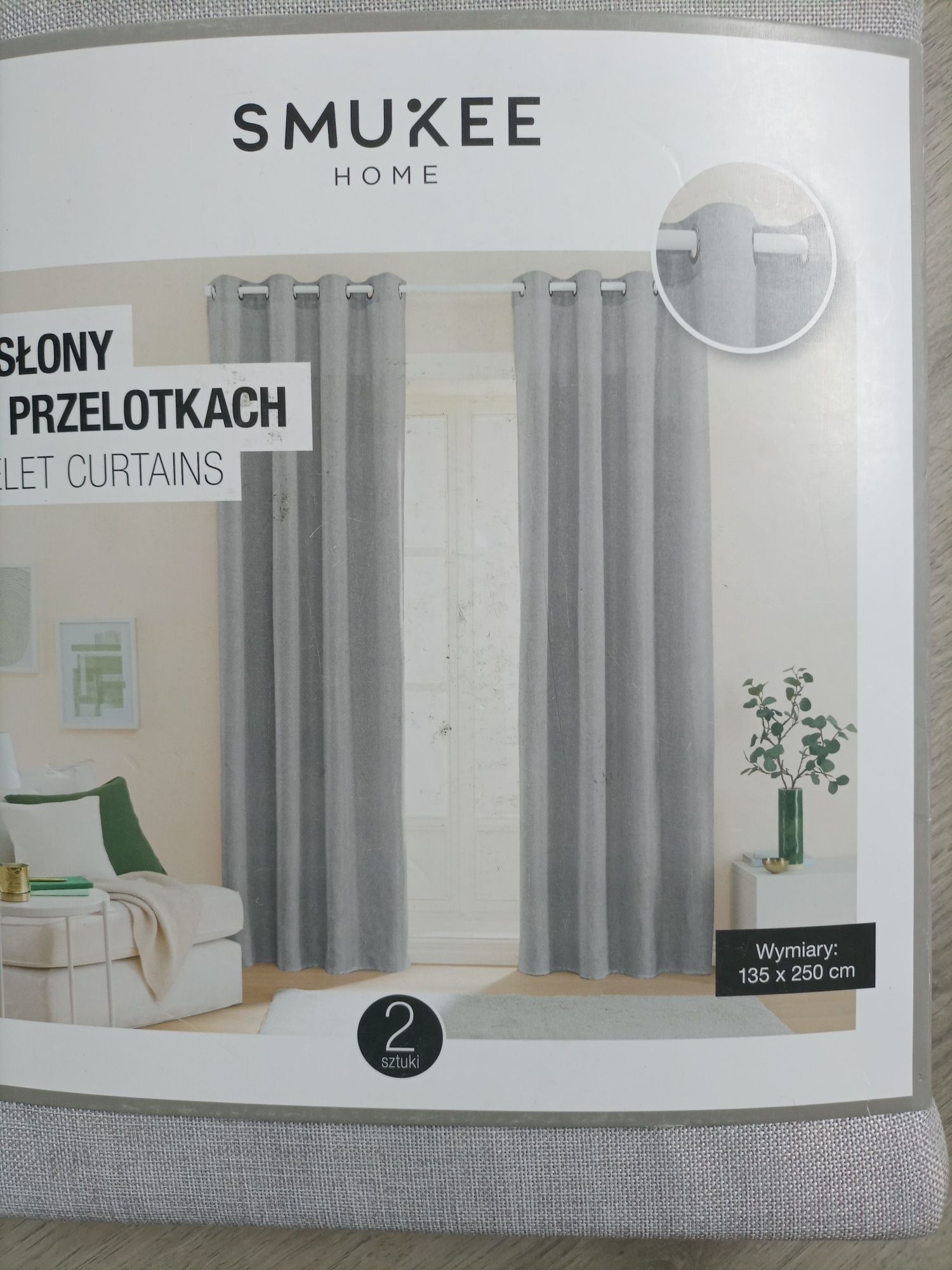 Dwie zasłony boho beżowe na przelotkach Smukee 2x zasłona ala len