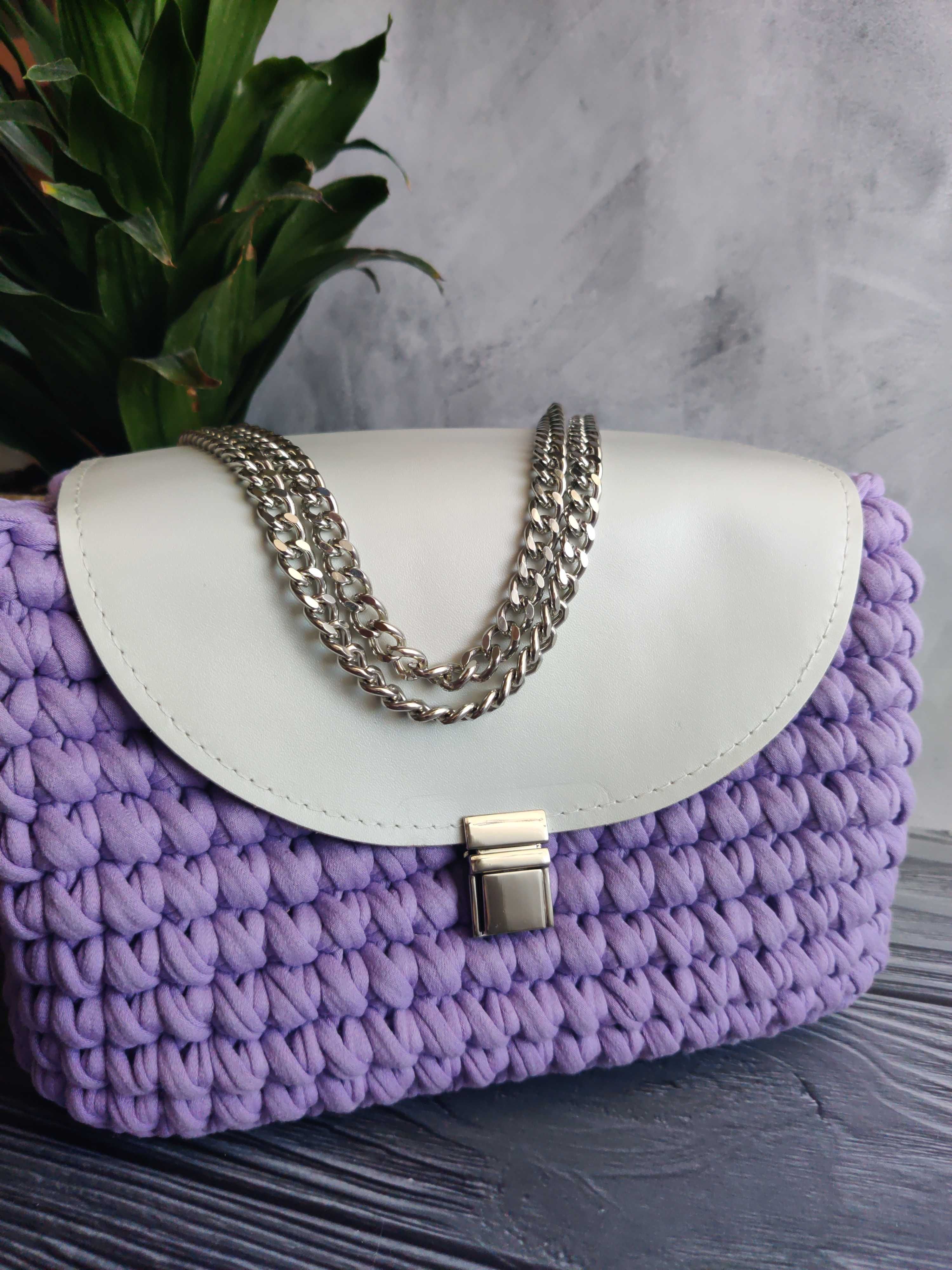 Сумка ручної роботи з пряжі та натуральної шкіри Violet cozy