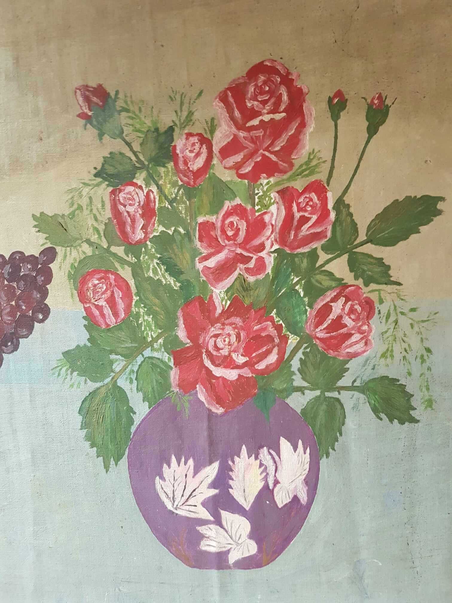 Obraz stary malowany na płótnie Winogrona i Róże BEZ RAMY 102x53