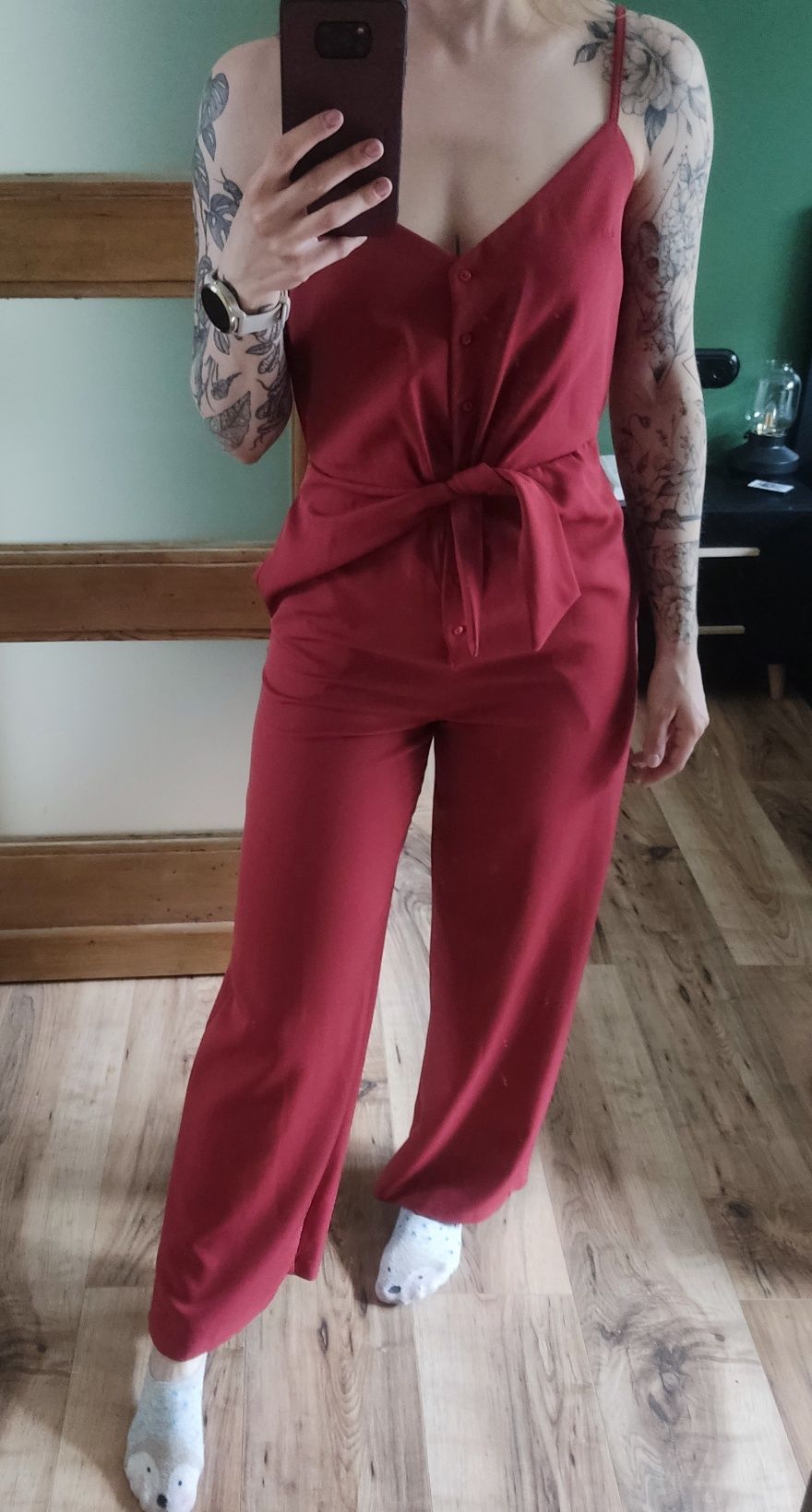 Elegancki, długi kombinezon S, wide leg, wymiary