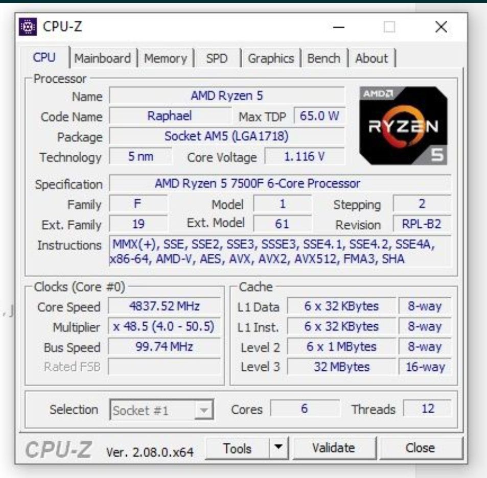 Процесор AMD Ryzen 5 7500F 3,7 (5,0Turbo) ГГц (100-000000597) AM5 Tray