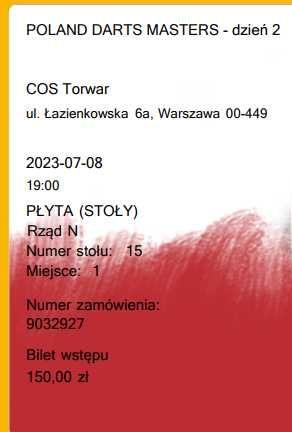 Bilet na Poland Darts Masters (sobota, 8.07) - rząd N, miejsce 1