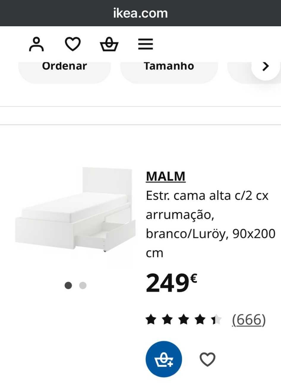 Cama IKEA MALM Branca Solteiro 0,9x2,00m + Colchão SuperOrtopédico