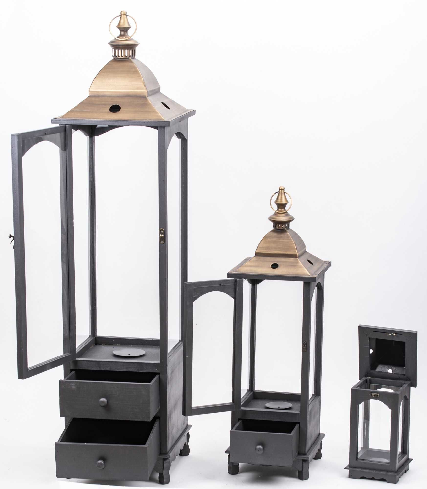 3 x Latarnia Czarny Złoty Wysoki Duży Drewniany Lampion Komplet 140173