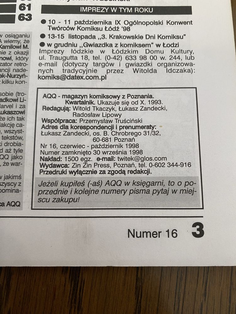 Unikat! Magazyn komiksów AQQ 1998 nr 16 ( 2/1998 ) komiks