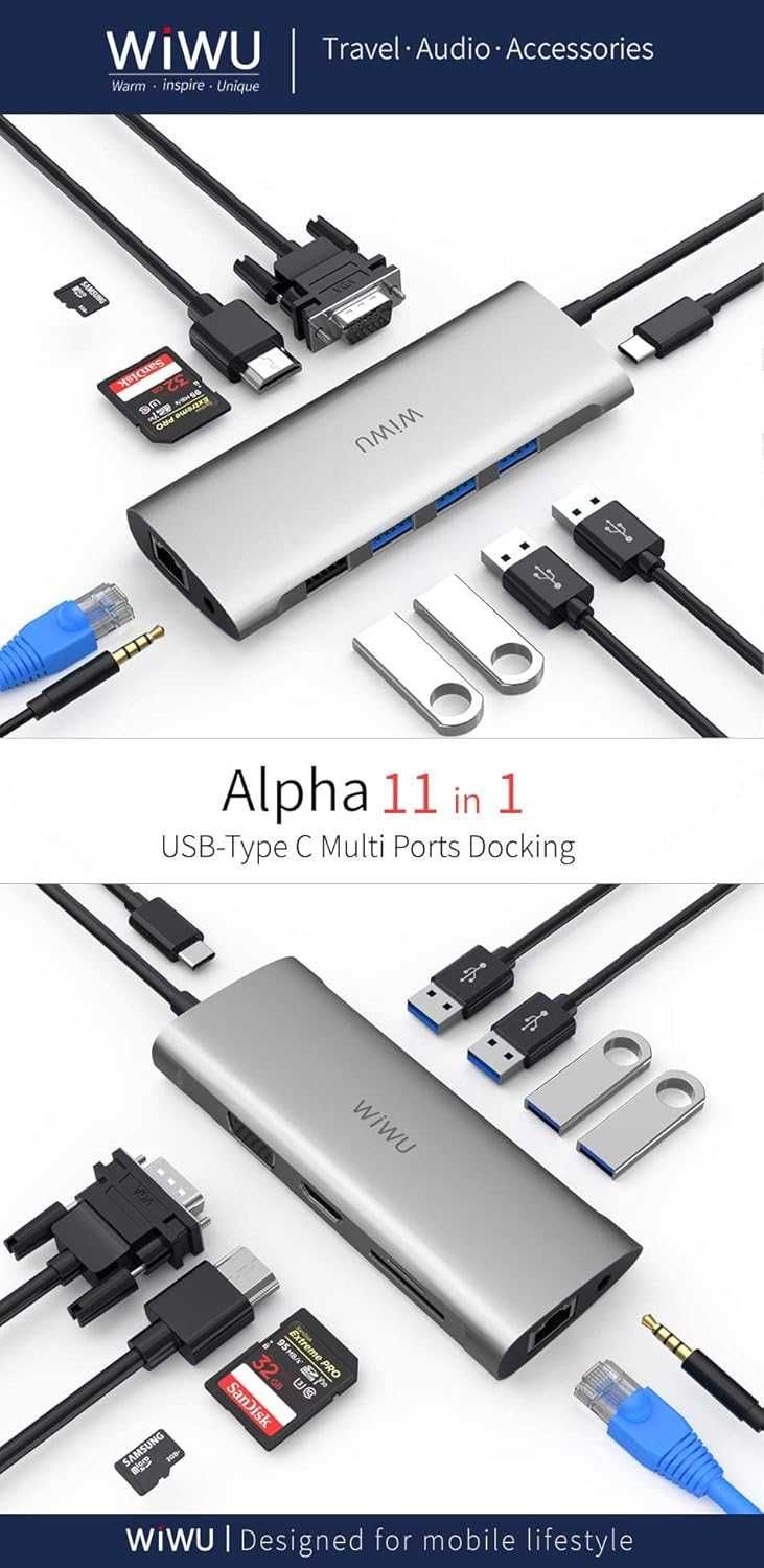 WIWU ALPHA hub USB-C 4xUSB LAN AUX VGA 4K HDMI MicroSD 11w1 do Macbook