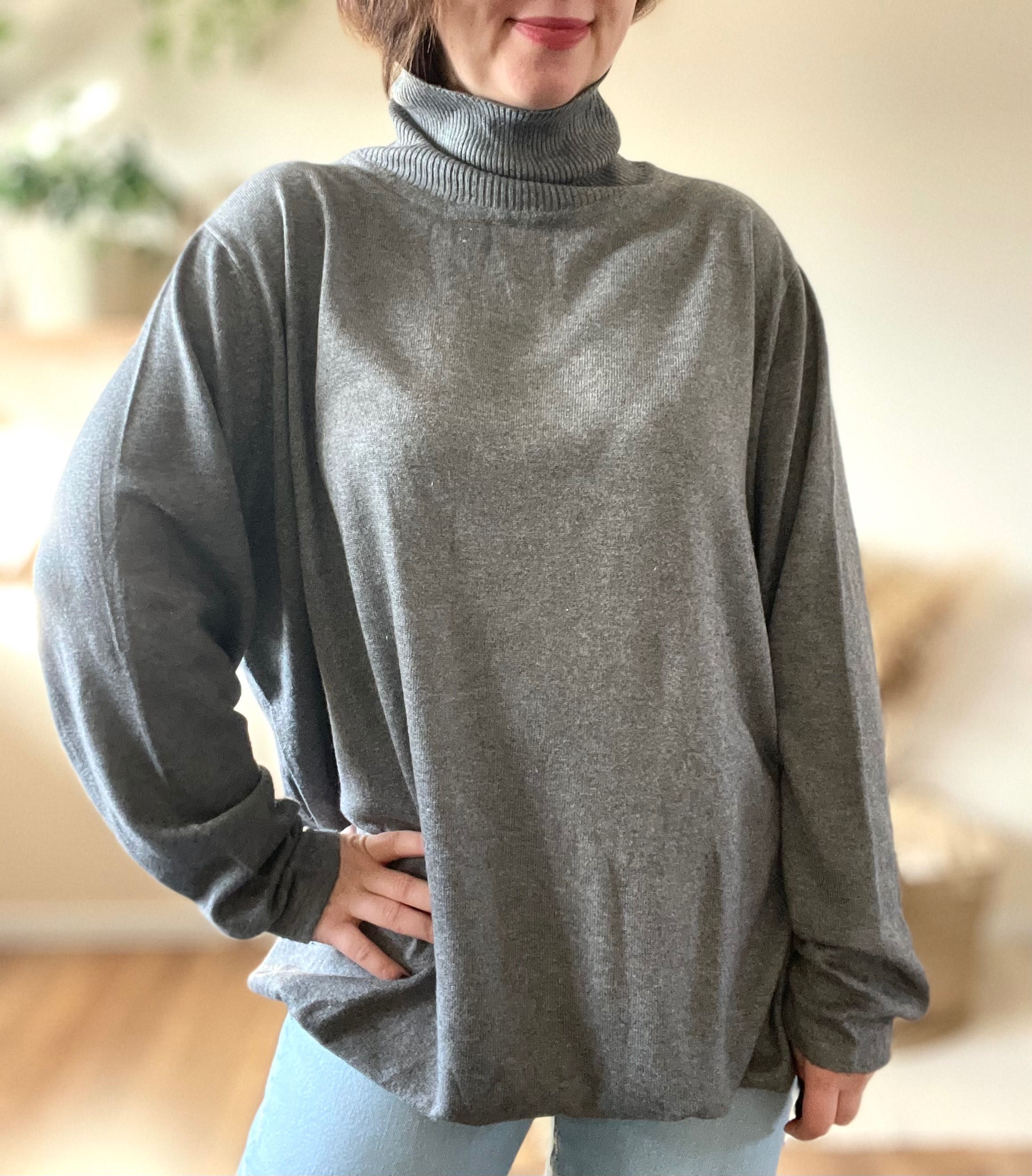Sweter z golfem oversize szary luźny szeroki wiskoza z rękawem 46 48