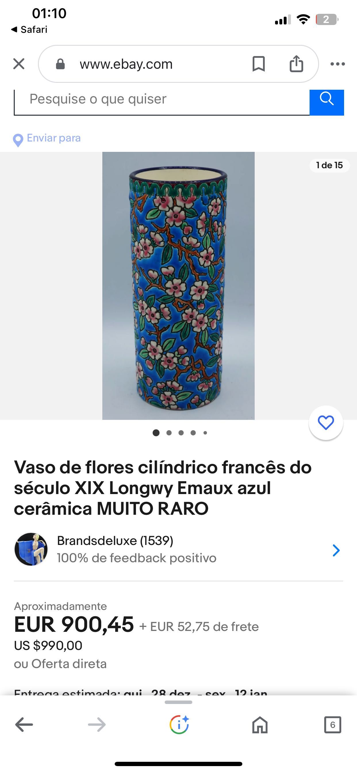 Vaso flores Longwy Canudo francês Séc XIX  azul
cerâmica 12 cm RARO