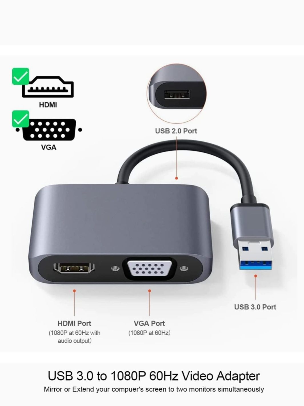 NOMOY Adapter USB 3.0 na HDMI VGA, adapter USB na VGA HDMI, konwerter