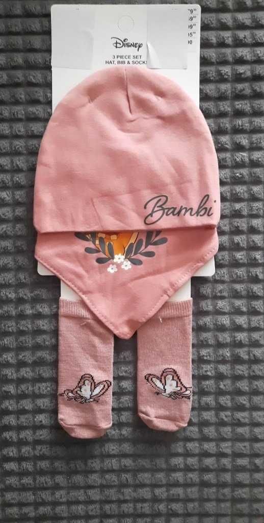 Komplet różowy czapka, śliniak i skarpetki Bambi