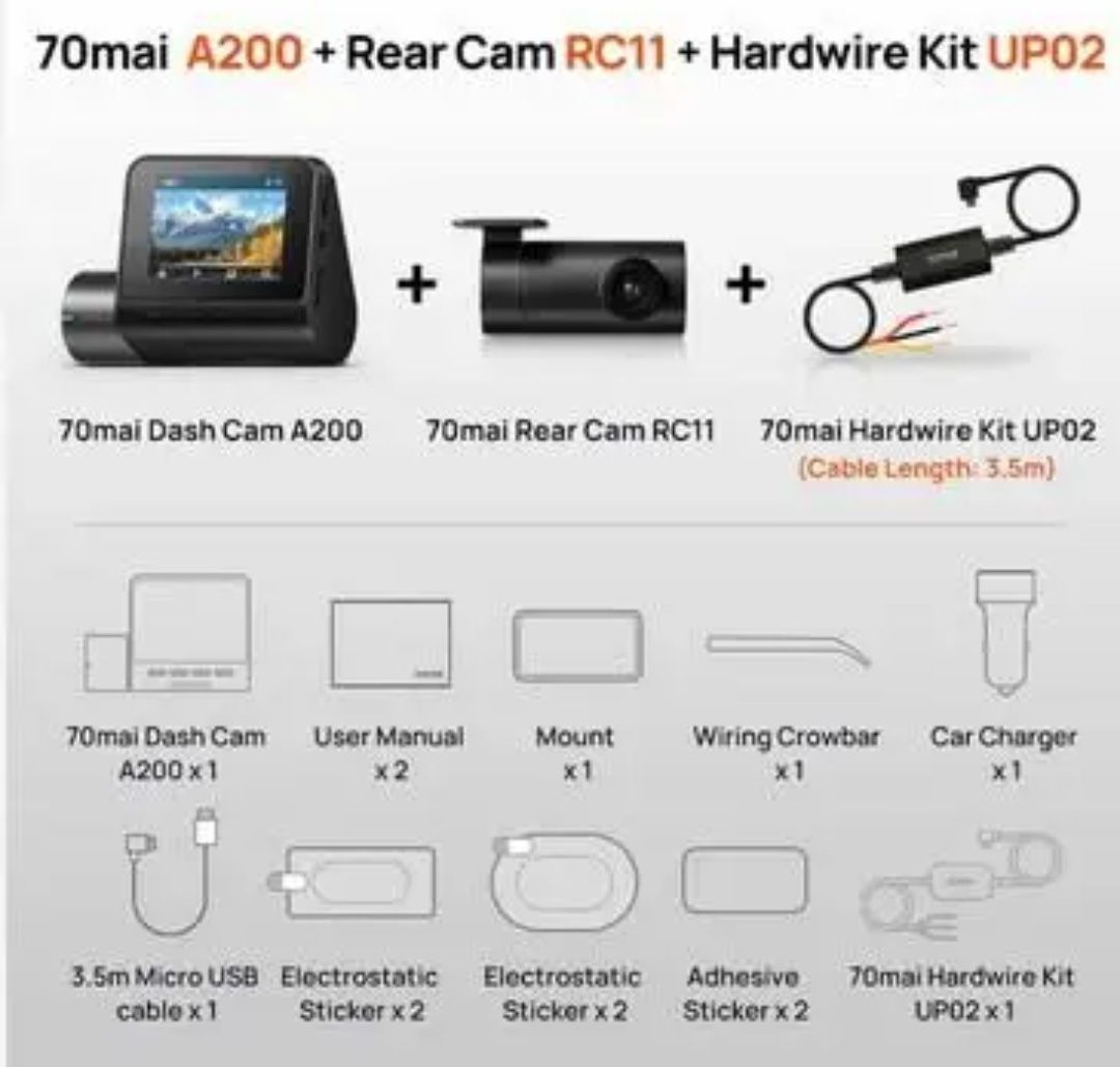 Відеореєстратор 70Mai Dash Cam A200 + Rear Cam Set ( 2 камери) global