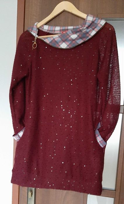 Sweter damski tunika golf długi zamek cekiny bordowy kieszenie L 40