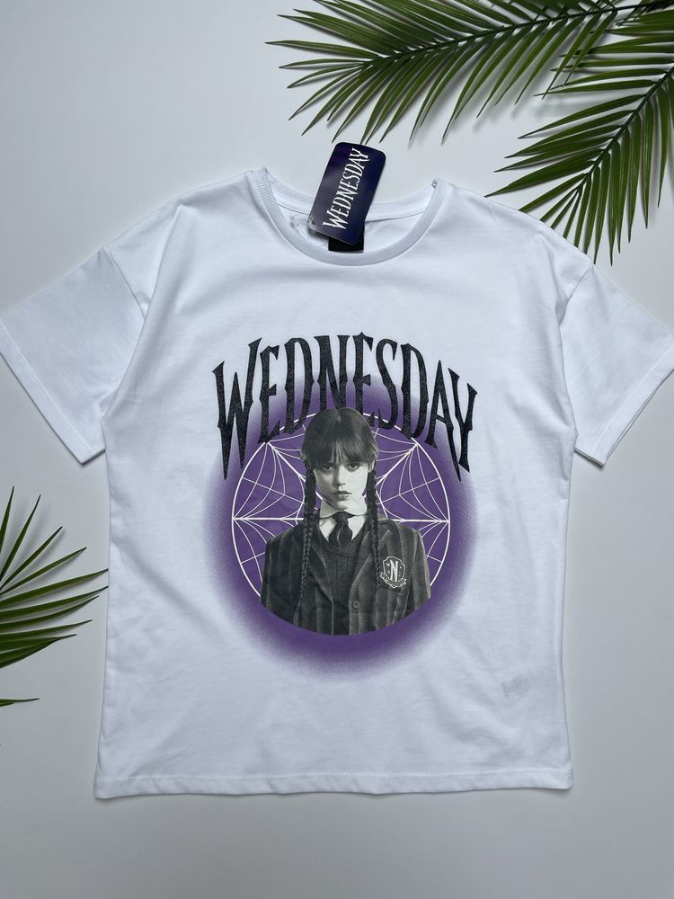 152 158 George bawełniana biała koszulka tshirt brokat Wednesday