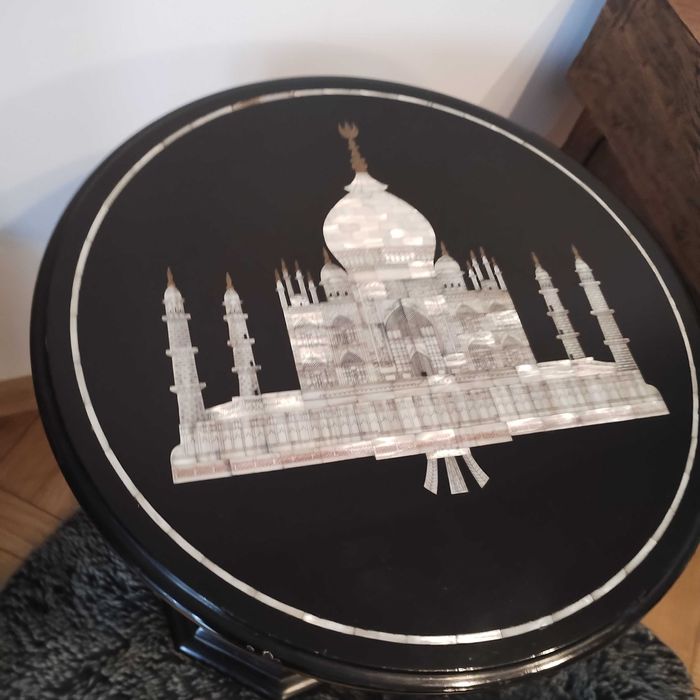 Stary marmurowy stolik kawowy Taj Machal macica perłowa czarny marmur