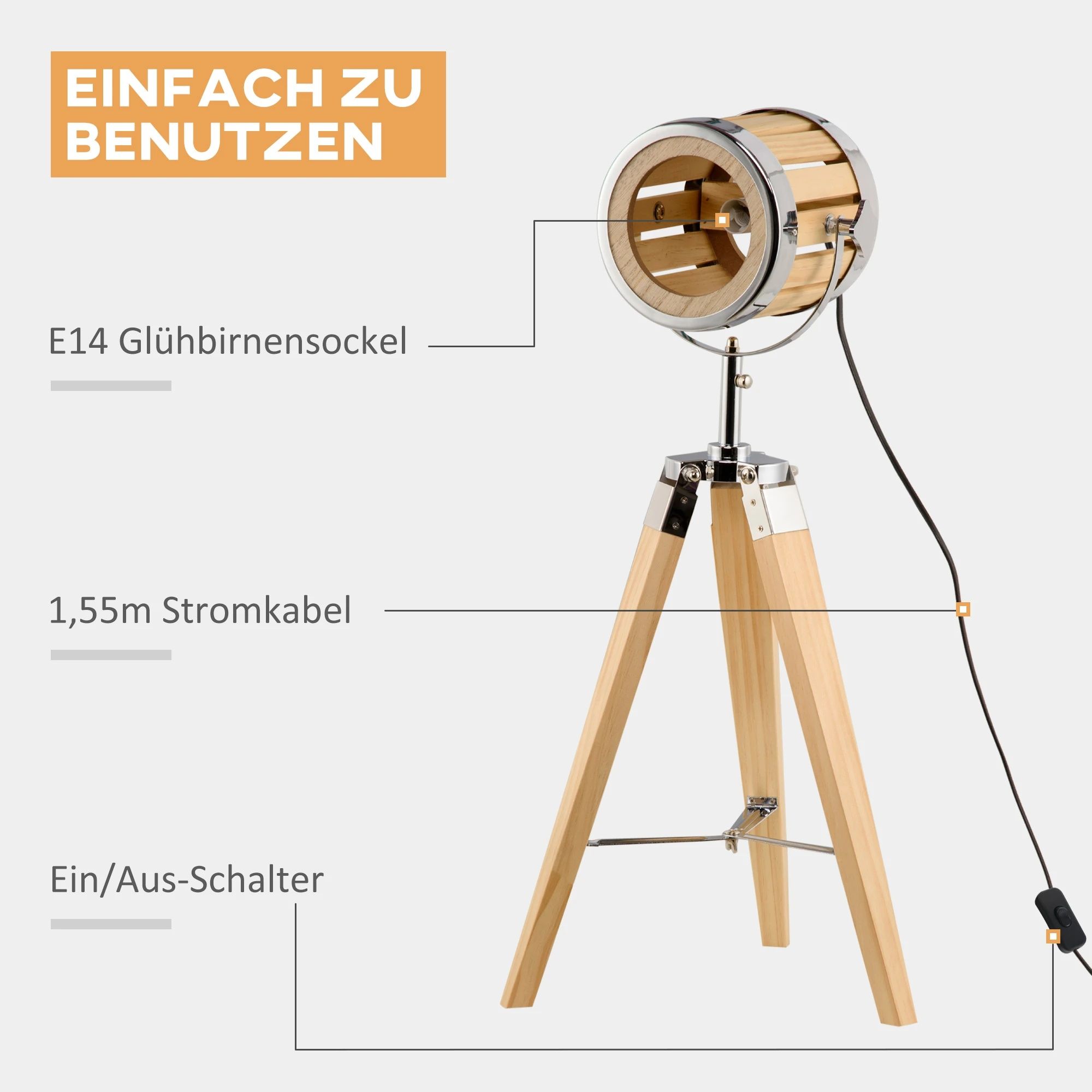 Homcom Lampa na statywie z drewna Trójnóg.