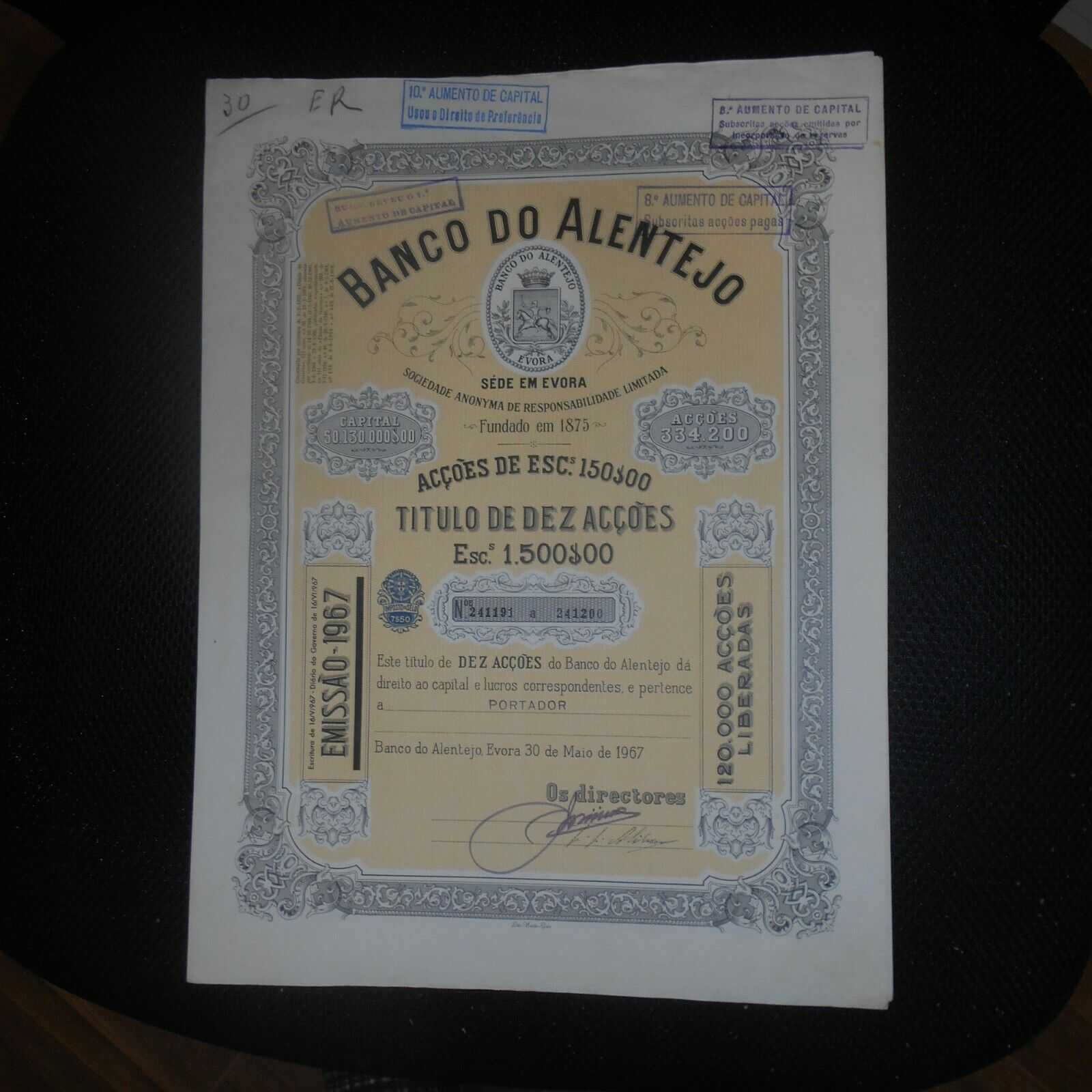 BANCO DO ALENTEJO, TÍTULO DE DEZ AÇÕES PORTUGAL 1967
