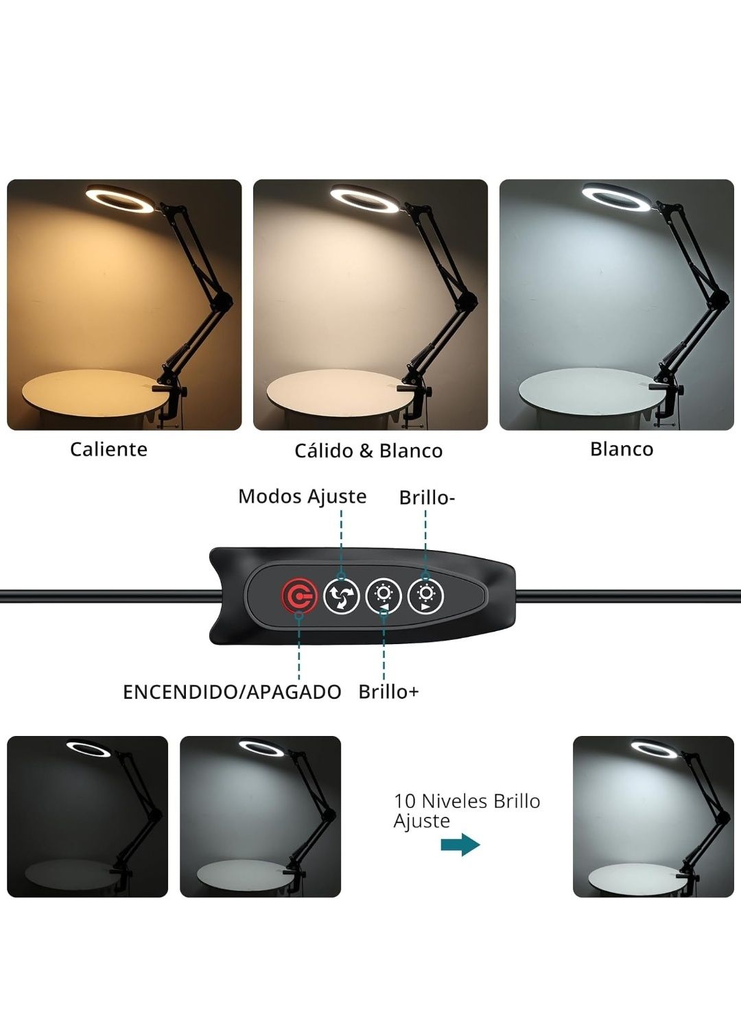 Candeeiro com lupa 8x e iluminação LED de 74cm