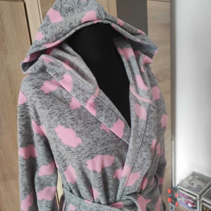 Szary różowy szlafrok z kapturem L XL