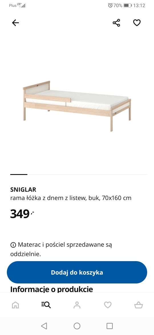 Łóżko dziecięce Ikea Sniglar 70x160 + materac i tekstylia