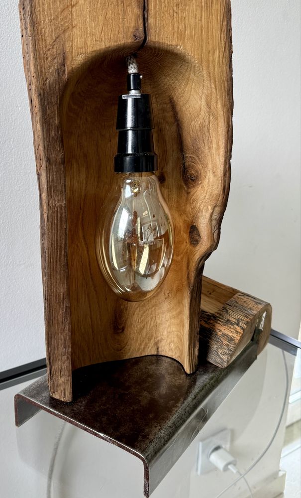 Lampka rustykalna loftowa stołowa nocna handmade naturalne drewno