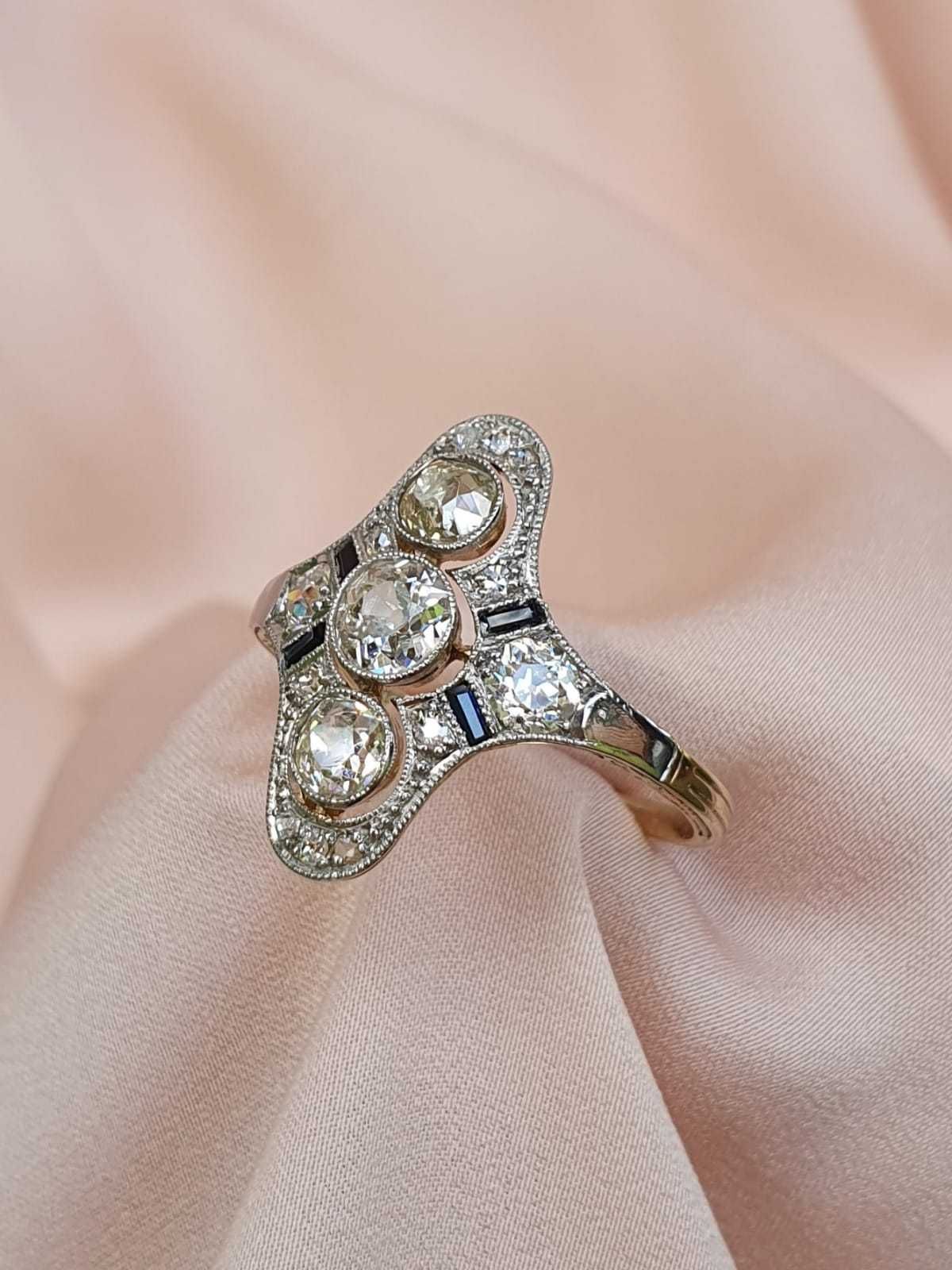 Stary złoty pierścionek z diamentami i szafirami brylantami art deco