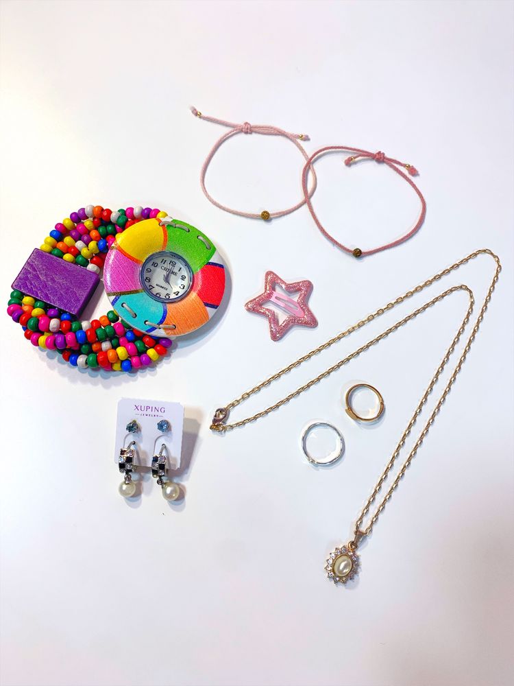 Детский набор бижутерии: серёжки, браслеты, колечки, часы, цепочка