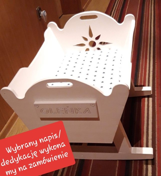 Piękna kołyska drewniana łóżeczko dla dziecka, dowolny napis gratis