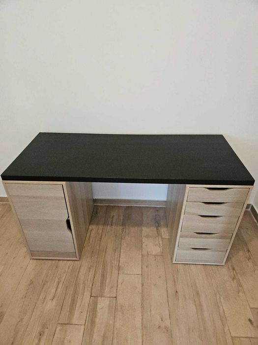 Secretária, ef carvalho c/velatura branca e preto-castanho, 140x60 cm