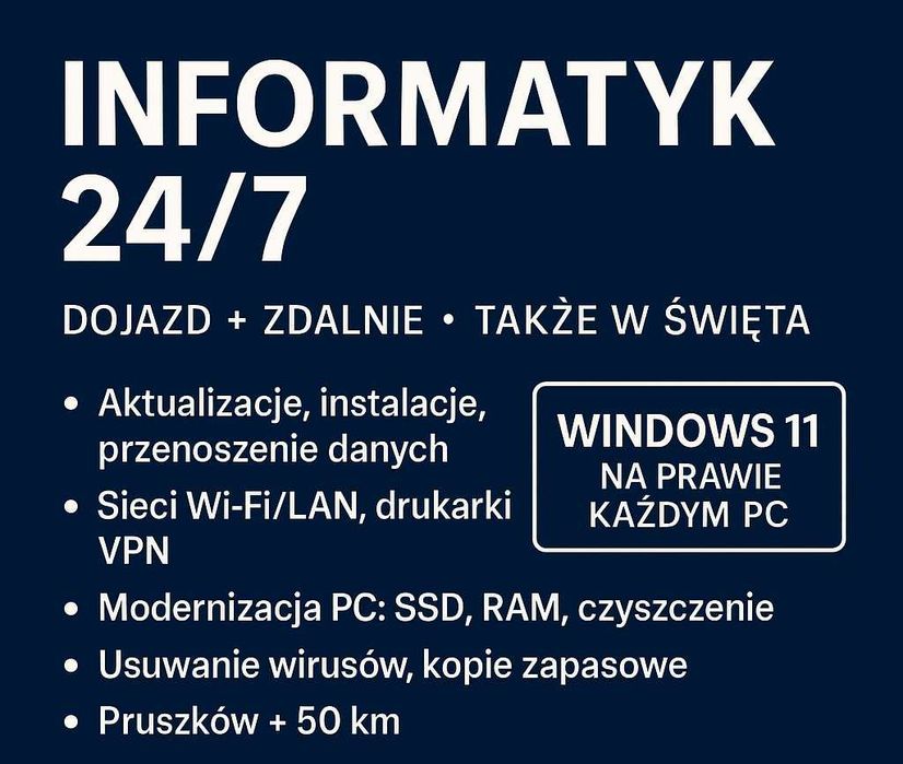Serwis komputerów z dojazdem, Windows 11 na starych PC, naprawy, 24H
