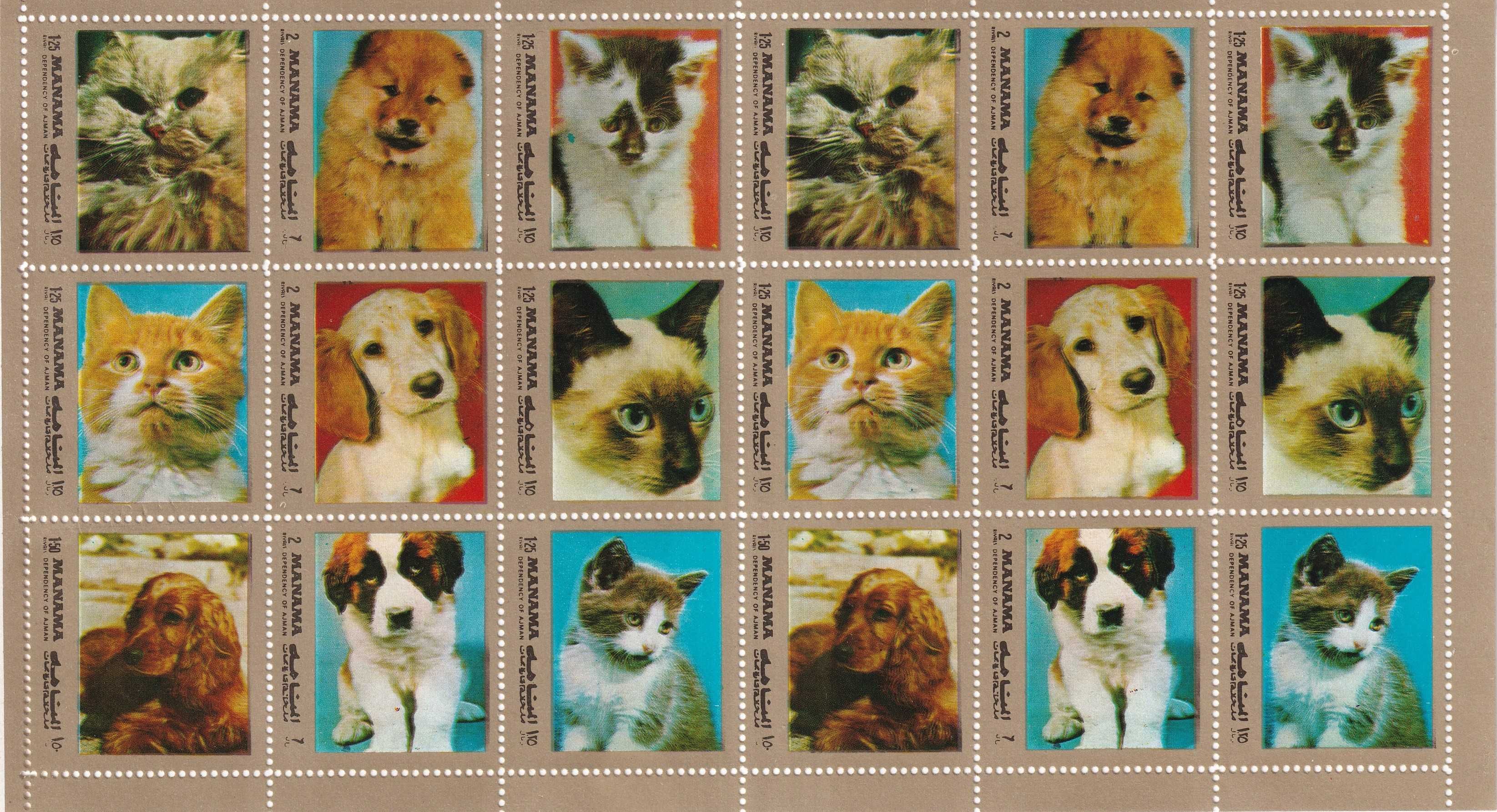 znaczki pocztowe - Manama 1972 cena 13,90 zł kat.15€ - koty, psy